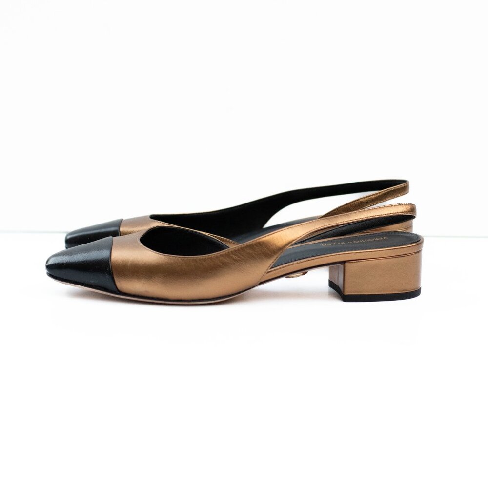 Veronica Beard Cecile Slingback Flats Gold Black Leather Cap Toe 9M Shoes NWOB - Picture 3 of 13